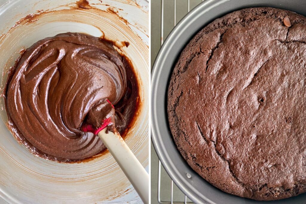 Soft, eggless dark chocolate cake with chocolate chips and a whipped chocolate ganache frosting
