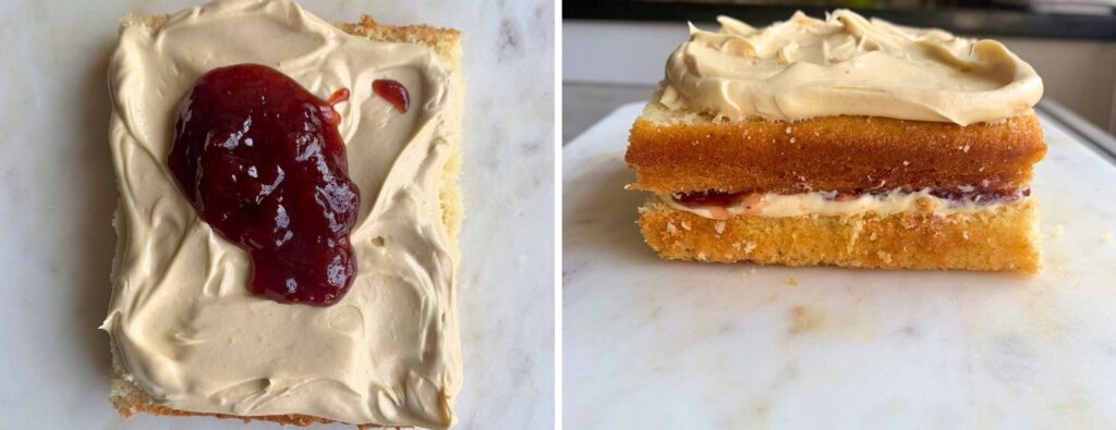 Small-batch, soft and tender butter cake layered with peanut butter frosting and strawberry jam