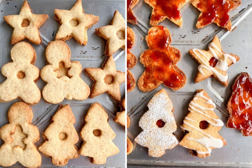 Christmas cookies with ground almonds, filled with strawberry jam and topped with lemon glaze or powdered sugar!