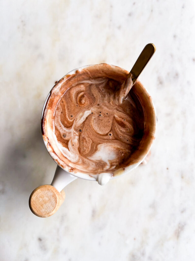 Dark, rich hot chocolate flavoured with creamy peanut butter