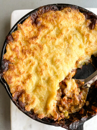 A saucy base of peas, carrots and sautéed mushrooms topped with a layer of cream cheese mashed potato!