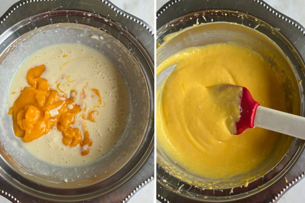 Easy, delicious, mango ice cream with cream cheese and biscuit pieces!