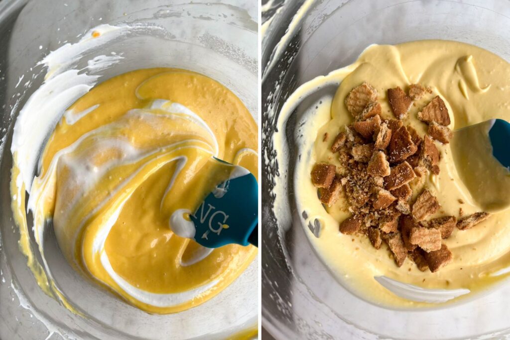 Easy, delicious, mango ice cream with cream cheese and biscuit pieces!