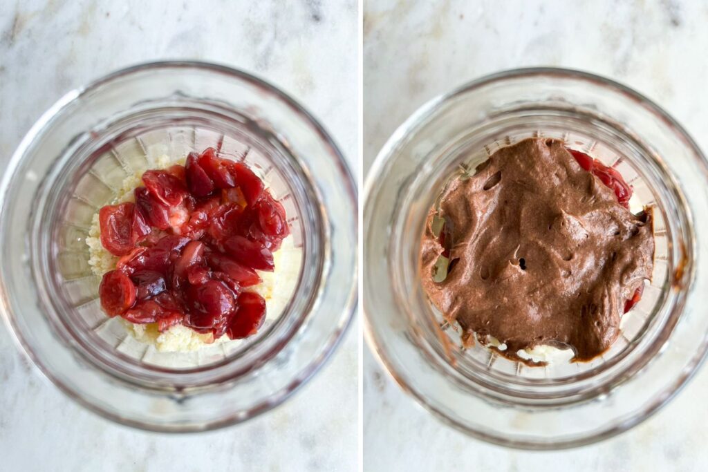 Vanilla cake crumbs layered with fresh cherry compote and an easy dark chocolate mousse