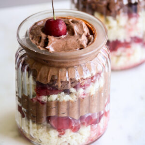 Vanilla cake crumbs layered with fresh cherry compote and an easy dark chocolate mousse