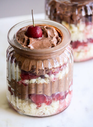 Vanilla cake crumbs layered with fresh cherry compote and an easy dark chocolate mousse