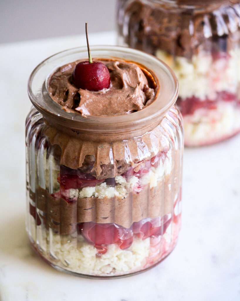 Vanilla cake crumbs layered with fresh cherry compote and an easy dark chocolate mousse