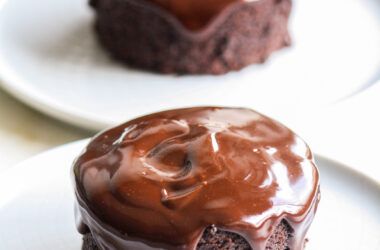 Two individual chocolate cakes with a simple ganache and no eggs