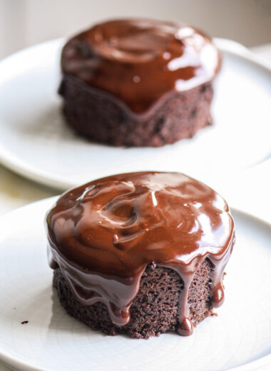 Two individual chocolate cakes with a simple ganache and no eggs