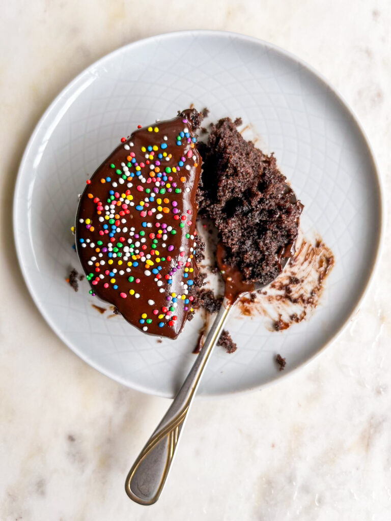 Two individual chocolate cakes with a simple ganache and no eggs