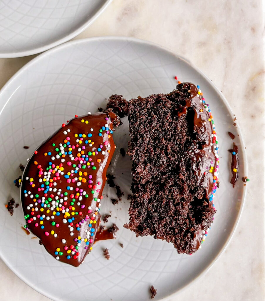 Two individual chocolate cakes with a simple ganache and no eggs