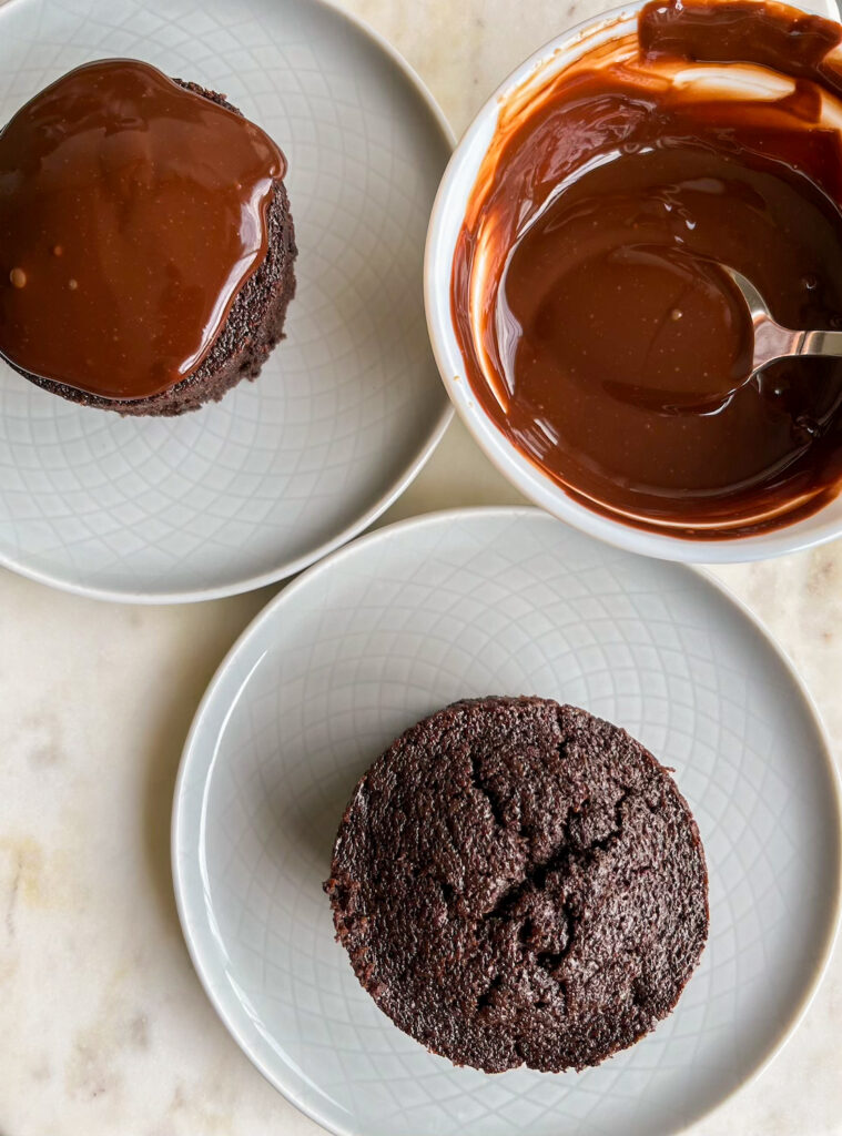 Two individual chocolate cakes with a simple ganache and no eggs