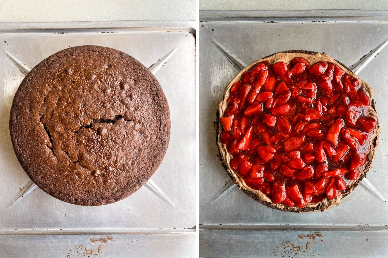 Simple chocolate cake layered with roasted strawberries and whipped ganache frosting