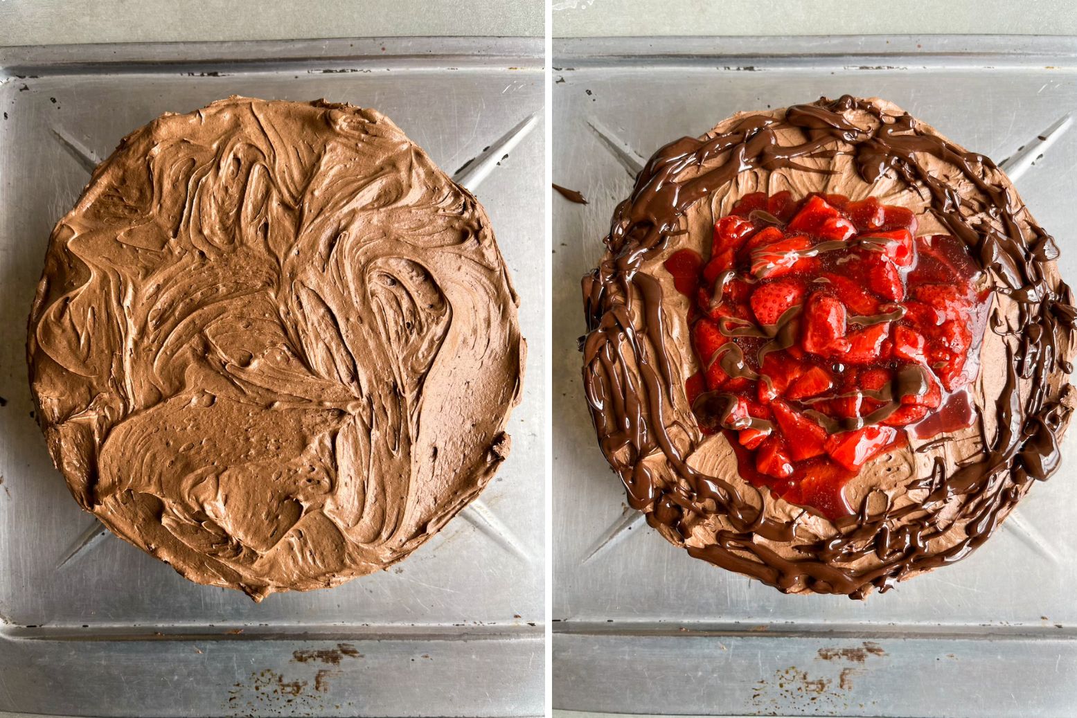 Simple chocolate cake layered with roasted strawberries and whipped ganache frosting