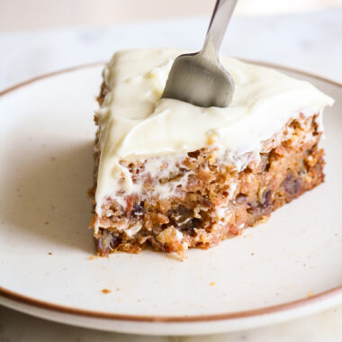 Moist carrot cake with chopped dates and an easy cream cheese frosting