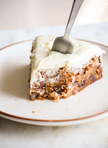 Moist carrot cake with chopped dates and an easy cream cheese frosting