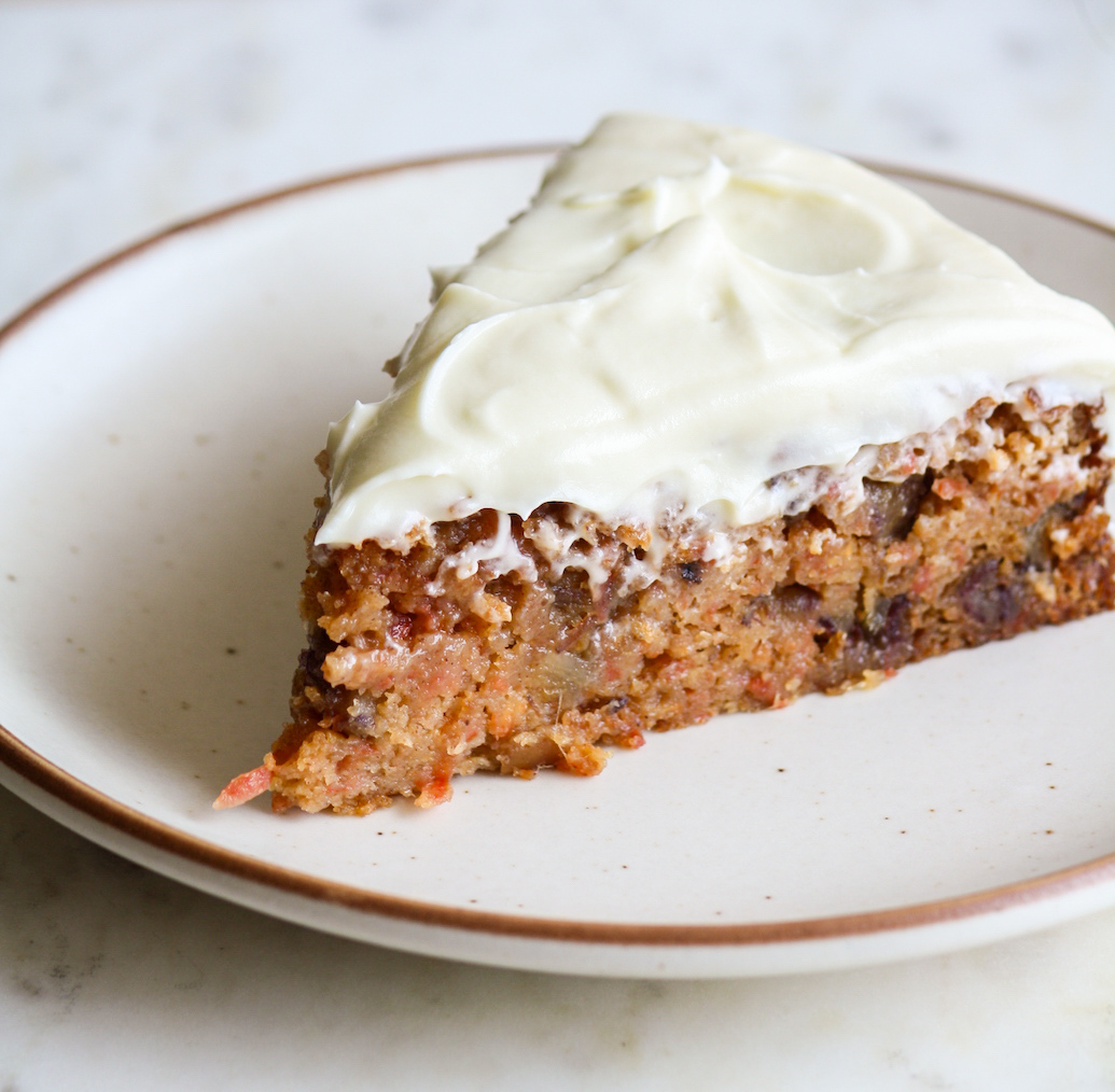 Moist carrot cake with chopped dates and an easy cream cheese frosting