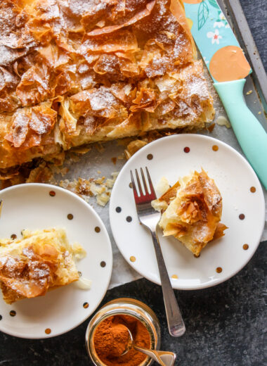 Flaky Greek filo pie with a vanilla and orange flavoured custard filling