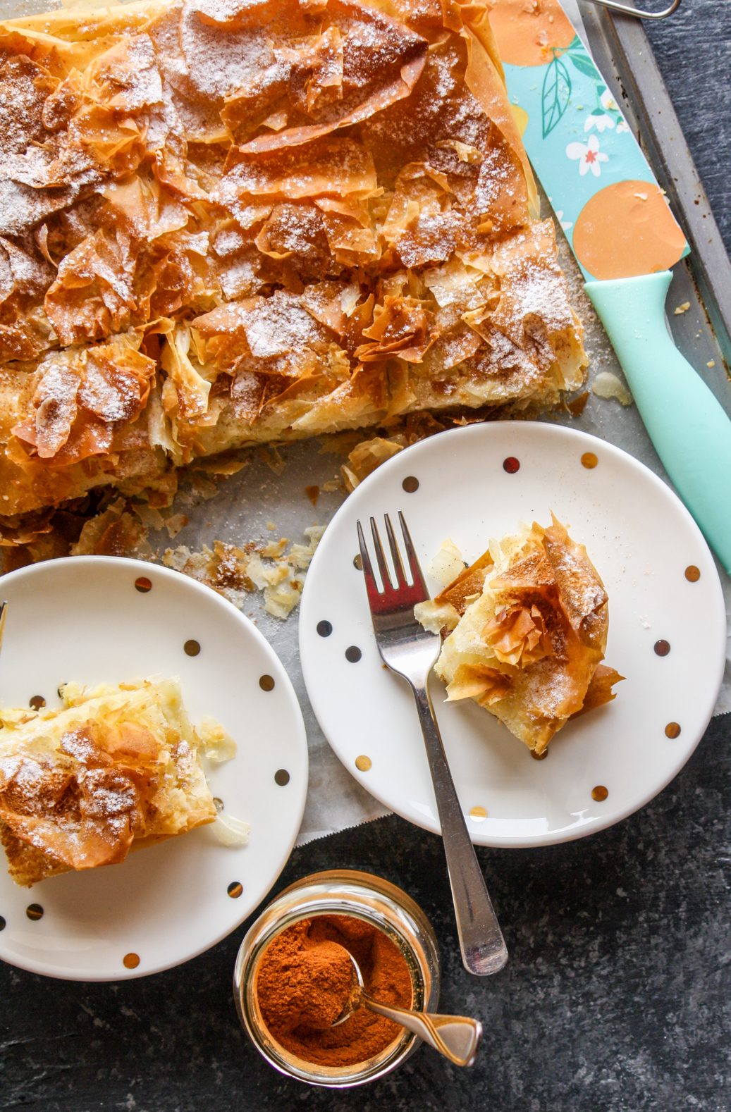 Flaky Greek filo pie with a vanilla and orange flavoured custard filling