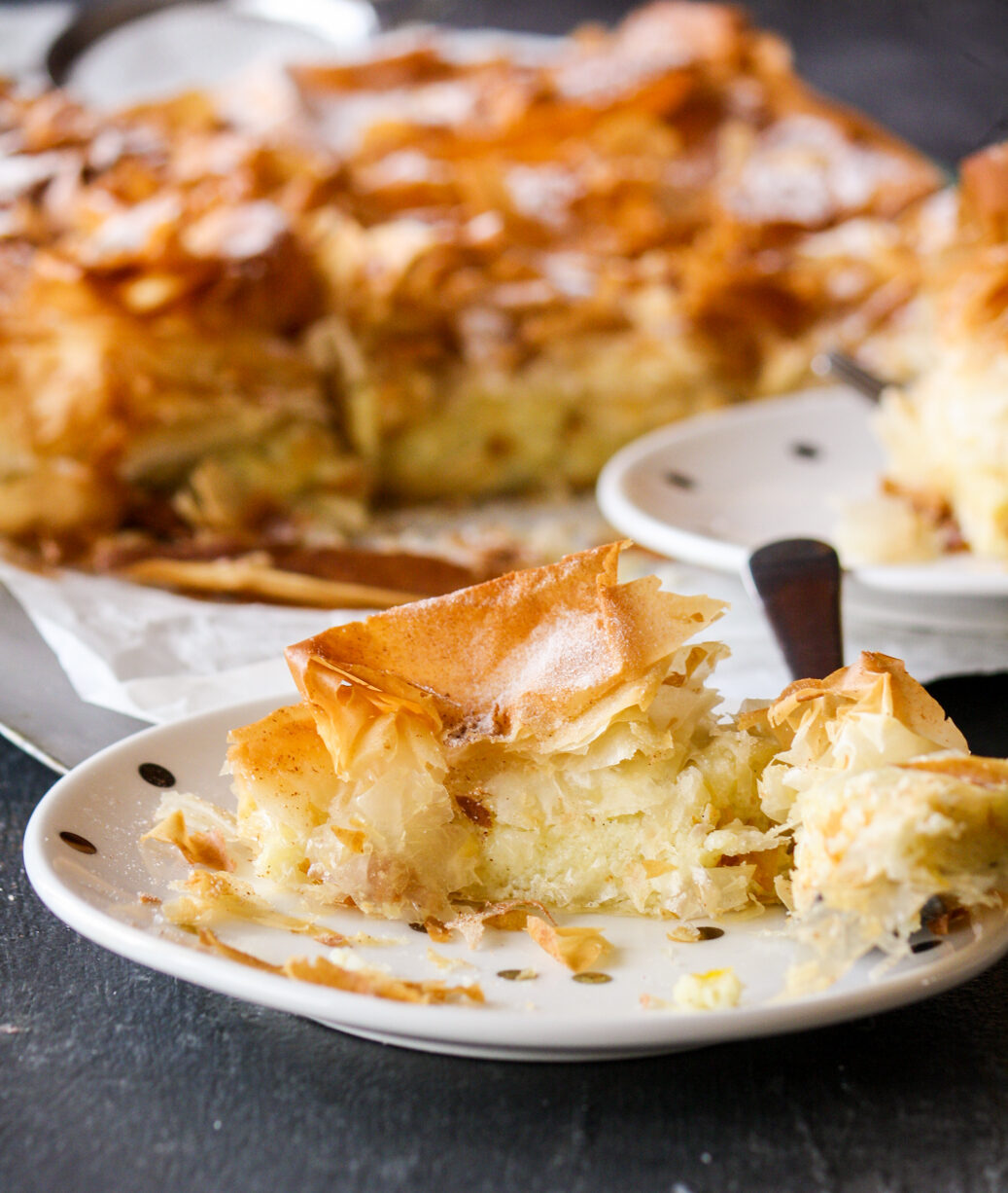 Flaky Greek filo pie with a vanilla and orange flavoured custard filling