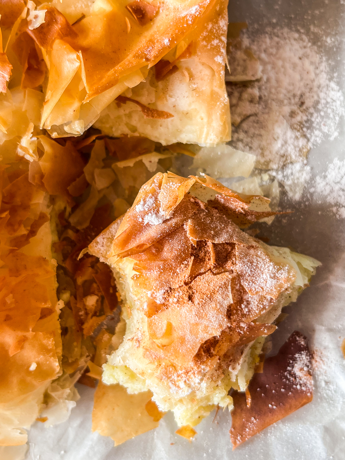 Flaky Greek filo pie with a vanilla and orange flavoured custard filling