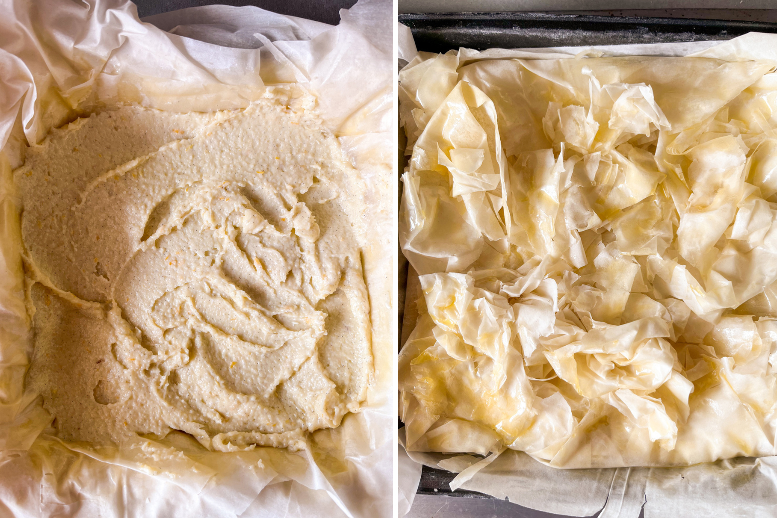 Flaky Greek filo pie with a vanilla and orange flavoured custard filling