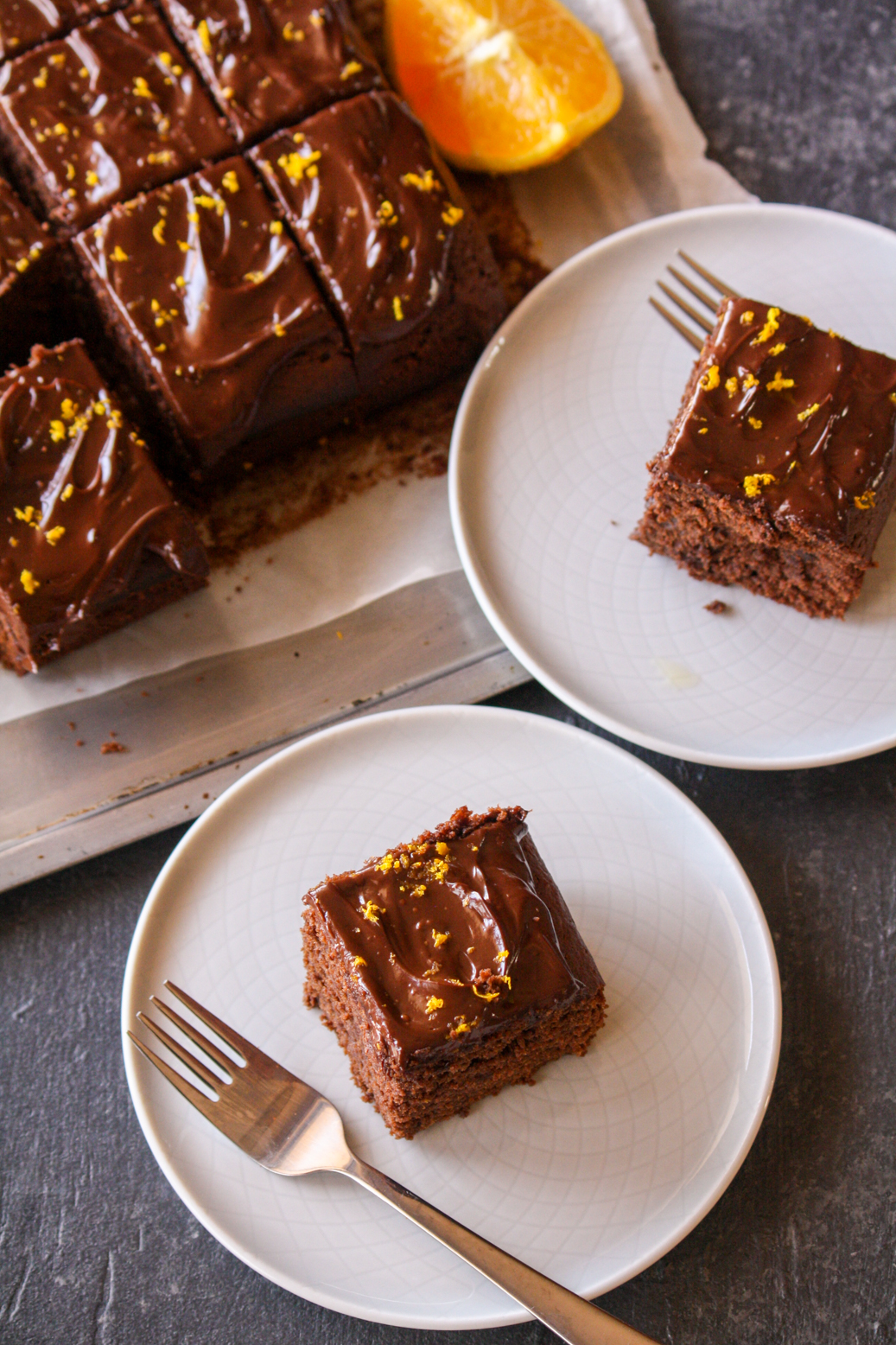 Soft and fudgy chocolate cake with a whole orange in the batter and an orange infused ganache