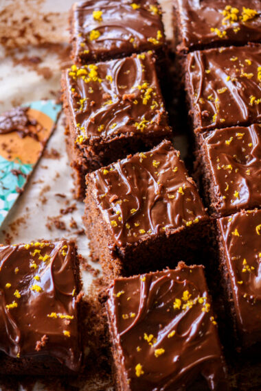 Soft and fudgy chocolate cake with a whole orange in the batter and an orange infused ganache