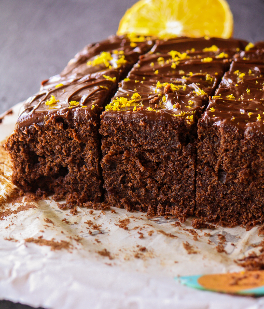 Soft and fudgy chocolate cake with a whole orange in the batter and an orange infused ganache