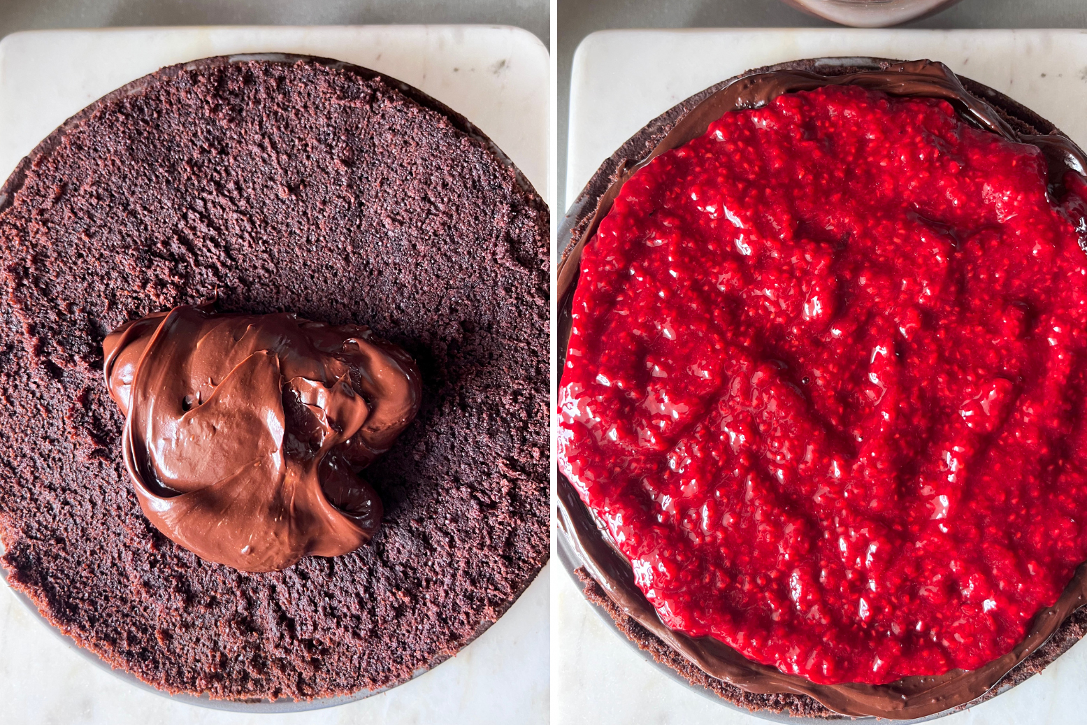 A rich and fudgy chocolate cake layered with dark chocolate ganache and filled with an easy raspberry filling