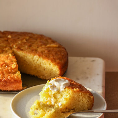 A very moist, syrup-soaked orange cake made with dried and crushed filo pastry