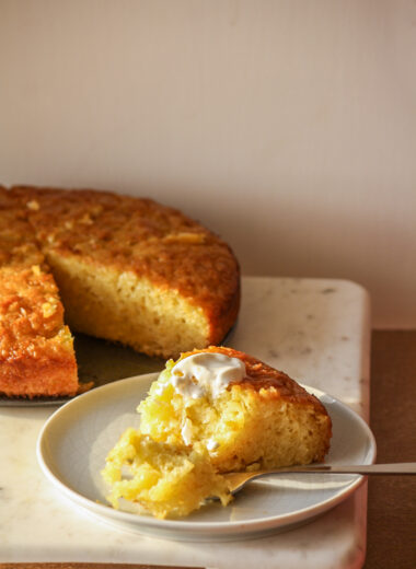 A very moist, syrup-soaked orange cake made with dried and crushed filo pastry