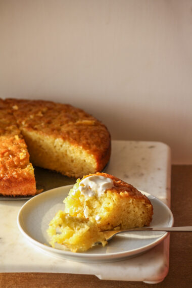 A very moist, syrup-soaked orange cake made with dried and crushed filo pastry